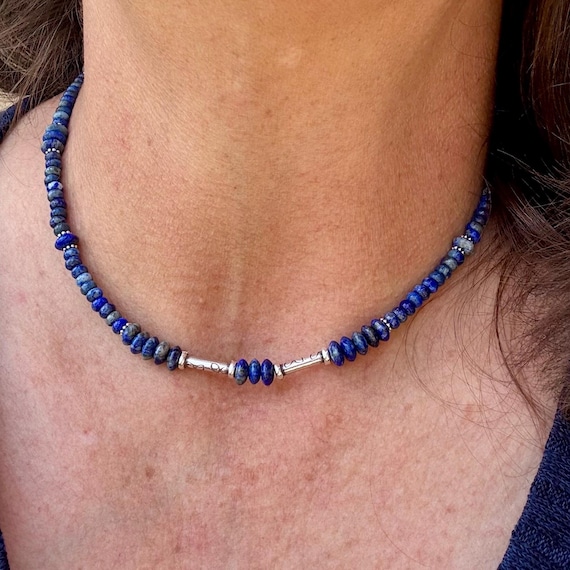 Lapis Lazuli Gemstone Sterling Silver Choker Necklace - Blue Gemstone Jewelry