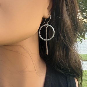Rustic Sterling Silver Circle Dangle Earrings • Long Drop Style image 3