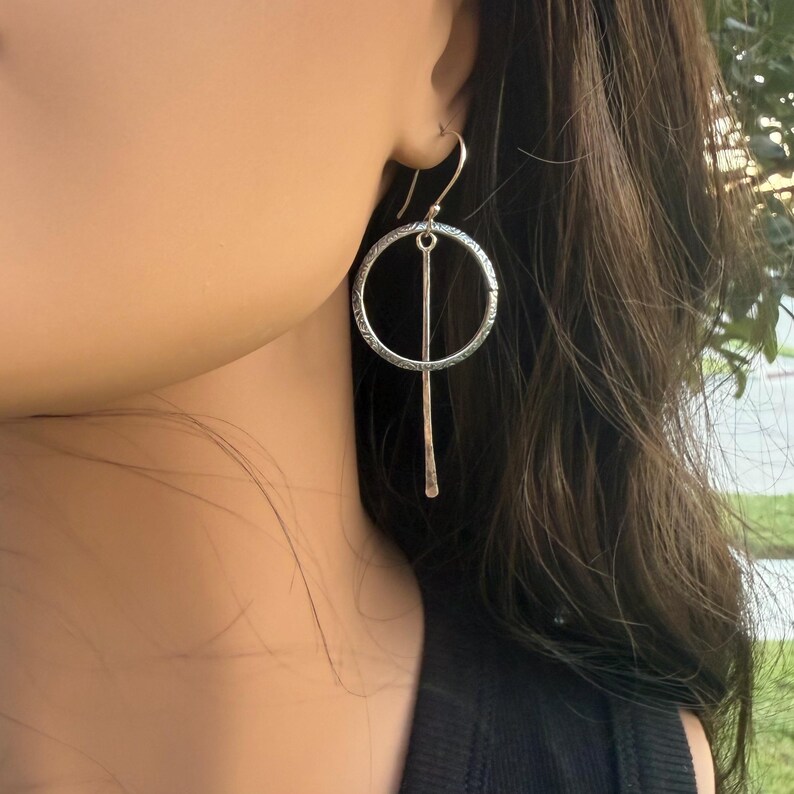Rustic Sterling Silver Circle Dangle Earrings • Long Drop Style image 3