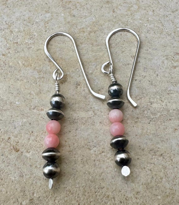 Navajo pearls with angel skin pink coral dangle drop earrings / tiny sterling silver drop earrings