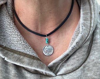 Indian Head Buffalo Nickel Necklace with Kingman Turquoise on Deerskin Lace