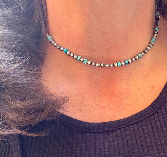 Navajo Pearl Kingman Turquoise Necklace, Authentic Native Made Sterling Necklace, Choker Necklace, Turquoise Jewelry, Southwestern Style