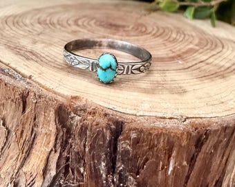 Turquoise Sterling Silver Dainty Band Ring • Number 8 Turquoise • Butterfly Floral Pattern