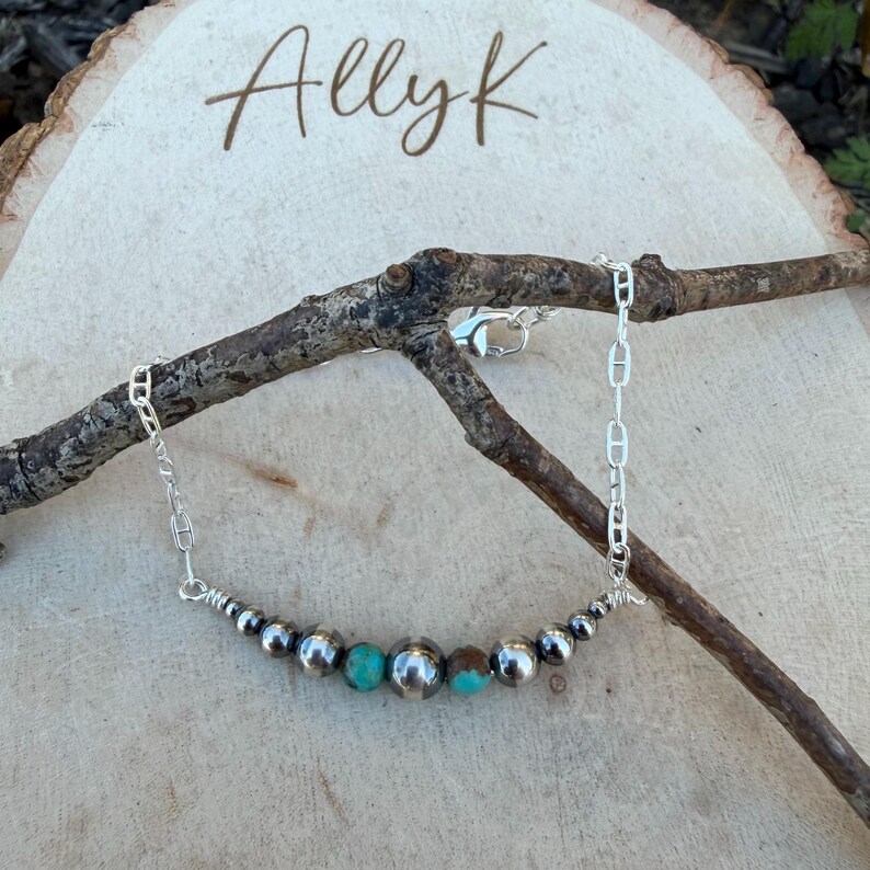 Bracelet chaîne barre graduée en perles du désert et turquoise | Élégance du sud-ouest en argent sterling Blue Green Shiny