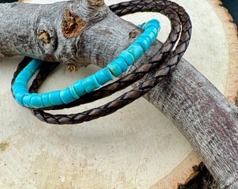 Braided Leather Wrap Bracelet • Kingman Turquoise • Sterling Silver