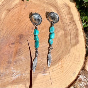 Scalloped Concho Turquoise Nugget Earrings • Sterling Silver • Feather Dangle image 8