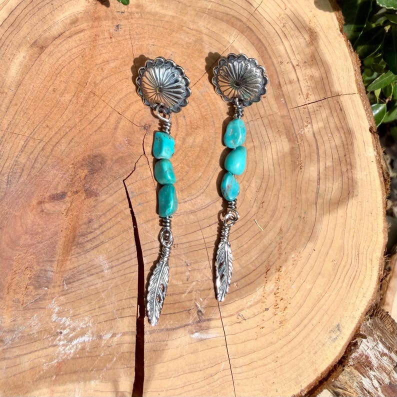 Scalloped Concho Turquoise Nugget Earrings • Sterling Silver • Feather Dangle image 8