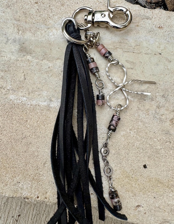 Leather purse tassel with Black pink rhodonite gemstones / beads and sterling silver bow