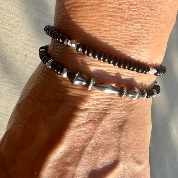 Black Onyx Navajo Pearl Double Wrap Bracelet, Sterling Silver Bracelet, Southwest Jewelry, Western Jewelry, Layered Bracelet