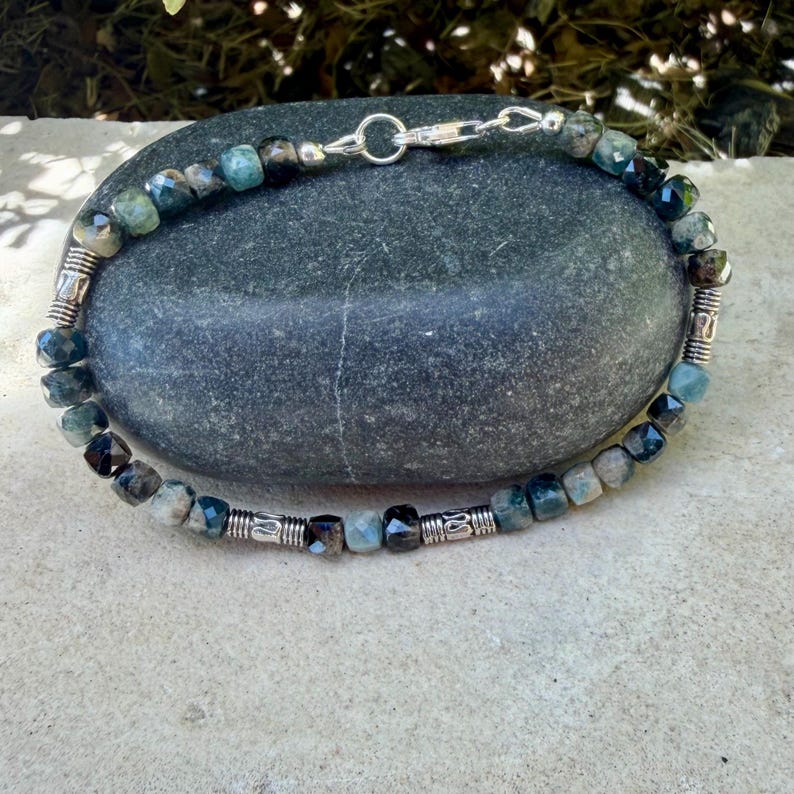 Blue Tourmaline Bracelet • 4mm Stones • Bali Silver Accents image 2