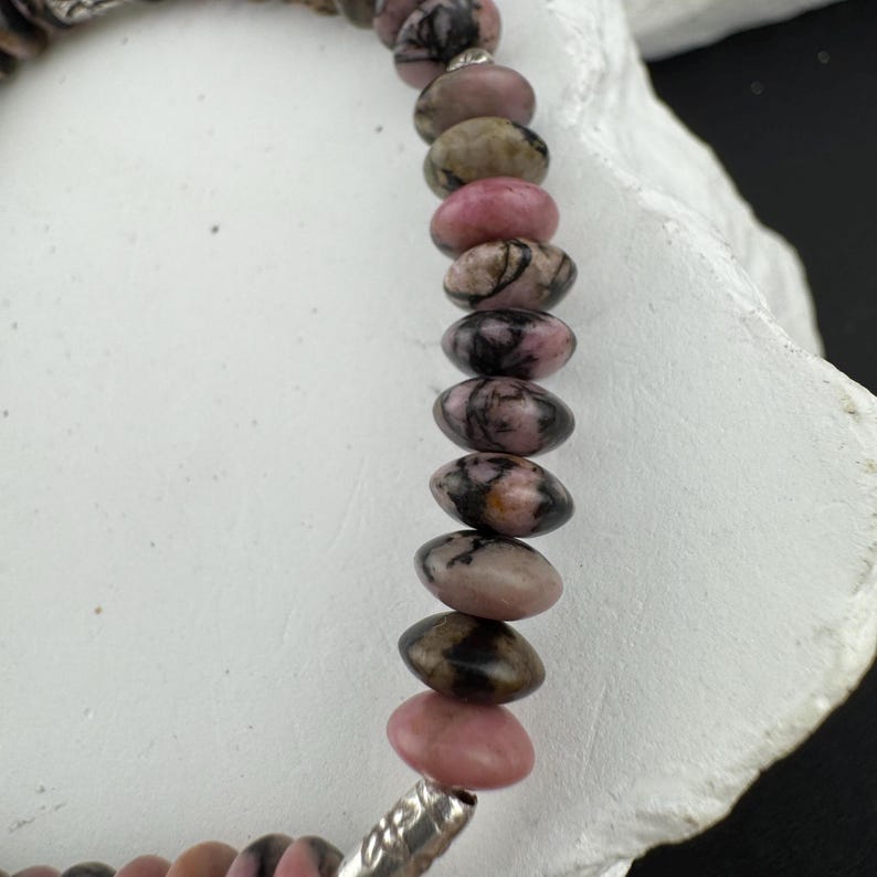 Pink Rhodonite Bracelet • 6mm Thin Rondelles • Sterling Silver Stretch Wrap image 2