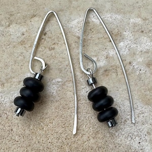 Black Onyx and Hematite Sterling Silver Earrings: V-Shaped Drop