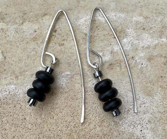 Black Onyx and Hematite Earrings, V-Shaped Drop, Sterling Silver Earrings, Black Onyx Jewelry, Gift for Her