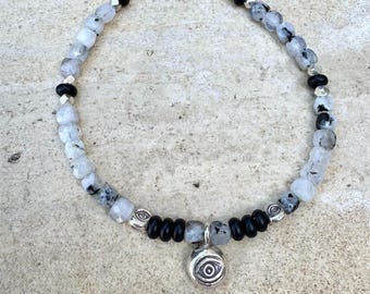 Moonstone Tourmaline & Black Onyx Bracelet • Sterling Silver Evil Eye Charm
