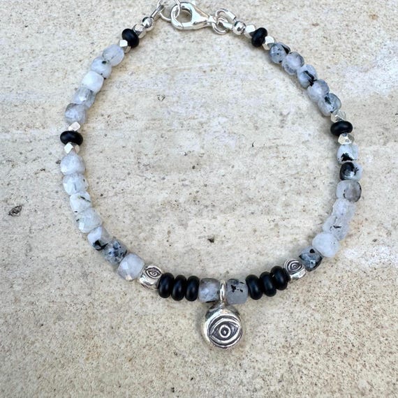 Rainbow Moonstone with Black Tourmaline and Onyx Evil Eye bracelet, Sterling Silver Beaded Gemstone Bracelet, Evil Eye Beaded Charm Bracelet