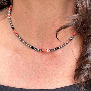 Navajo Pearl Onyx and Spiny Oyster Necklace - Southwest Gemstone Choker