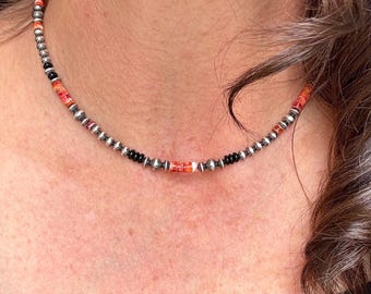 Desert Pearl Choker with Onyx & Spiny Oyster • Sterling Silver Southwestern Necklace