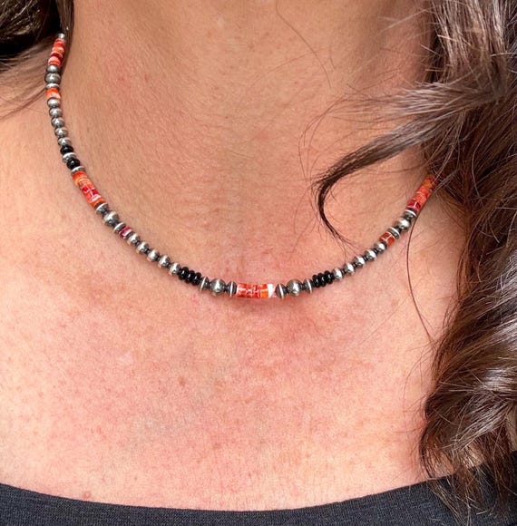 Navajo Pearl Gemstone Necklace, Onyx & Spiny Oyster, Sterling Silver Choker, Unique Gift, Authentic Native Necklace, Southwest Necklace