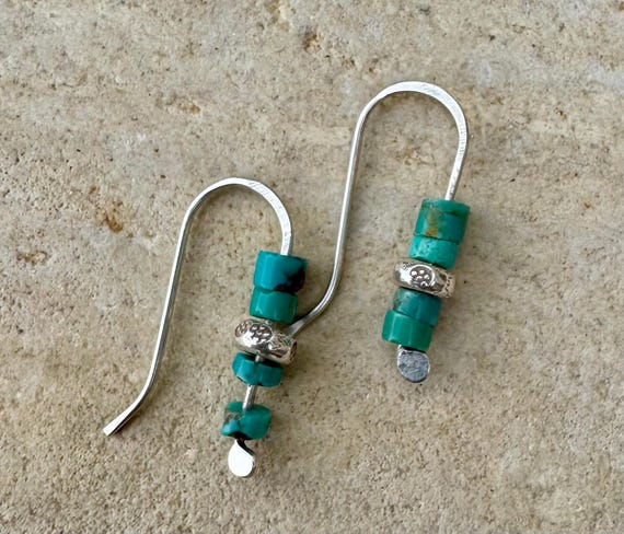 Turquoise dainty sterling silver dangle earrings with brown, green, blue turquoise, natural gemstone / turquoise earrings