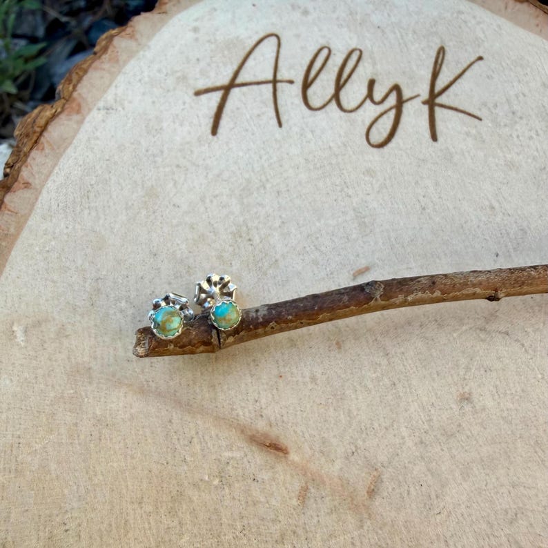 May include: A pair of silver stud earrings with turquoise-colored stones. The earrings are displayed on a small twig, set against a light-colored wooden background. The handwritten text "Allyk" is visible in the upper right corner.