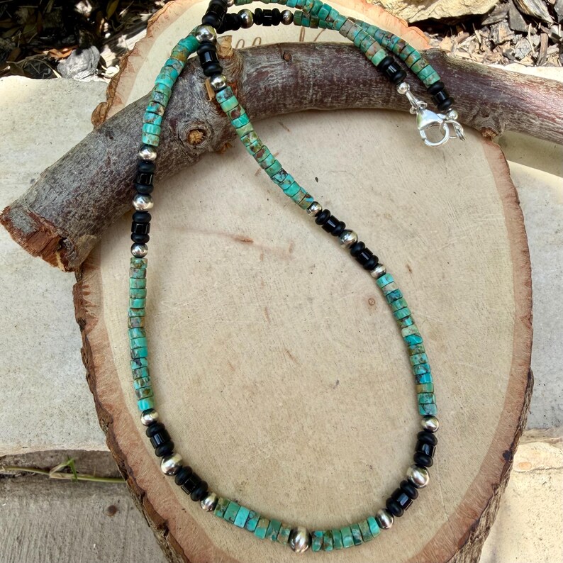 Gargantilla de perlas del desierto de turquesa y ónix • Collar de plata de ley estilo suroeste imagen 2