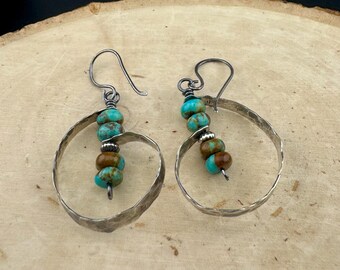 Handcrafted Kingman Turquoise Drop Earrings, Sterling Silver & Desert Pearls