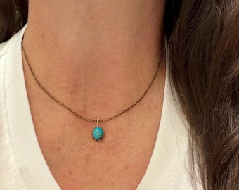 Turquoise Pendant Necklace • Antique Brass • 8×10 Turquoise Cabochon