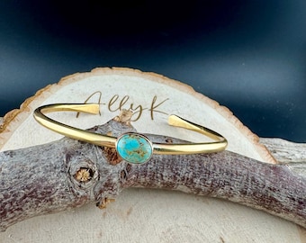 Brass Kingman Turquoise Cuff Bracelet • Handmade Adjustable Bezel Bracelet