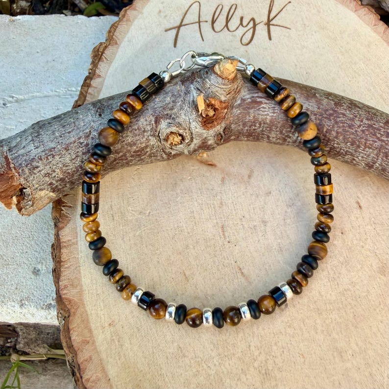 Tigerauge Armband • 4 mm Mischschnitte • Schwarzer Onyx • Sterlingsilber-Verschluss Bild 4