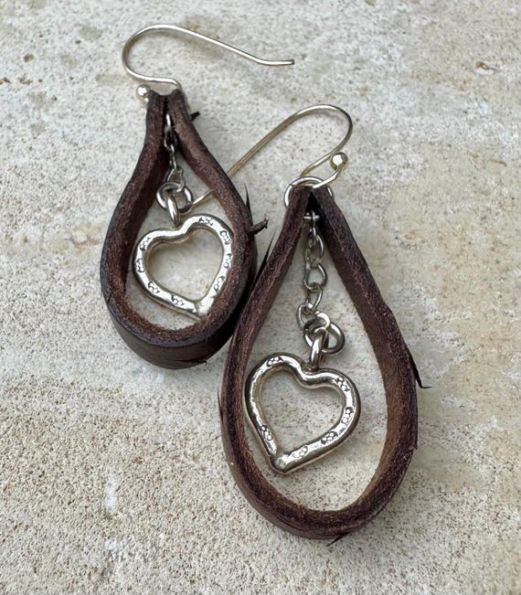 Genuine Leather Earrings with Heart Chain and Pendant, Chain Dangle Earrings, Women's Jewelry, Leather Accessories, Unique Gift