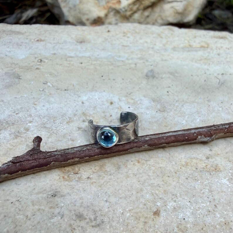 Swiss Blue Topaz Ear Cuff • Hammered Sterling Silver • No Piercing • 4mm or 7mm 4mm Topaz, 5mm Band