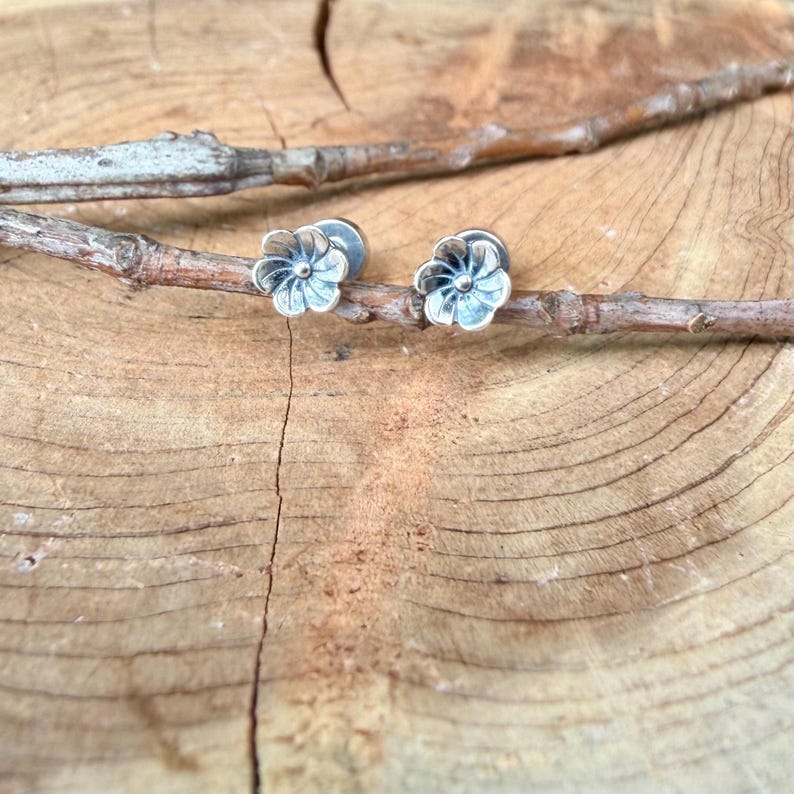 May include: A pair of silver stud earrings shaped like small five-petaled flowers. Each earring features a central dot and delicate petal indentations, resting on a thin, light brown wooden branch with a natural textured surface.