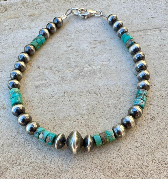 Natural Blue Green Brown Turquoise with Navajo Pearls, Sterling Silver Beaded Jewelry, Gemstone Bracelet, Turquoise Gift