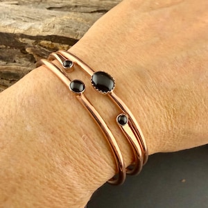 Black Onyx Copper Cuff Bracelet Set • Hand‑Forged Stack of 3 Gemstone Cuffs