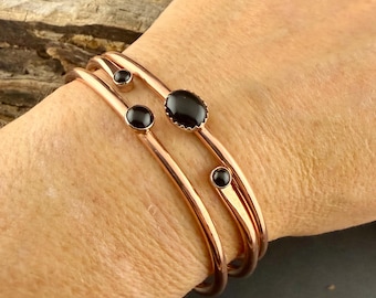 Black Onyx Copper Cuff Bracelet Set • Hand‑Forged Stack of 3 Gemstone Cuffs
