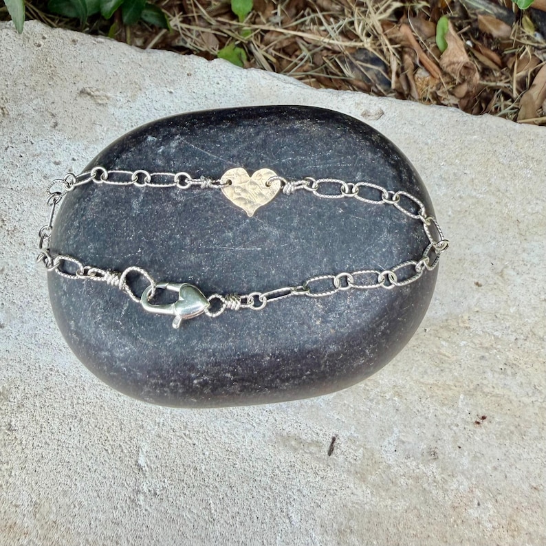 Mixed‑Metal Heart Bracelet • 14k Gold‑Filled Heart • Sterling Silver Chain • Dainty Jewelry image 4