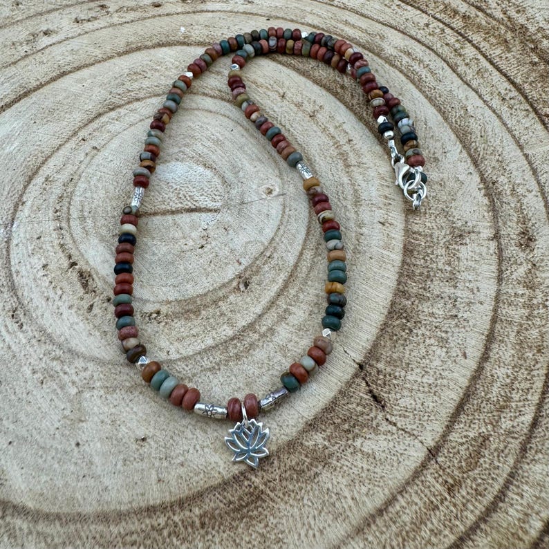 Sterling Silver Picasso Jasper Lotus Pendant Necklace | Artisan Gemstone Jewelry image 5
