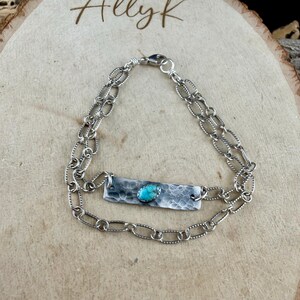 Sterling Silver Turquoise Double Strand Bar Chain Bracelet • Minimal Western Style • Number 8 Turquoise image 4