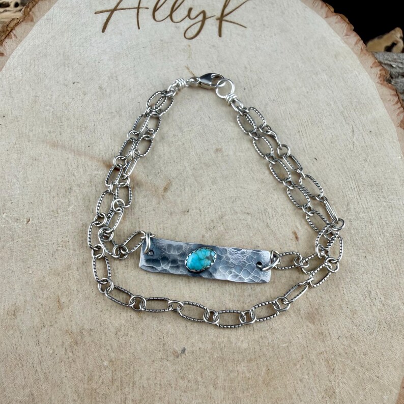Sterling Silver Turquoise Double Strand Bar Chain Bracelet • Minimal Western Style • Number 8 Turquoise image 4