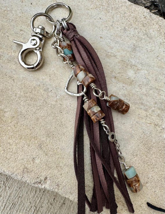 Leather purse tassel with Impression jasper gemstone / beads and sterling silver heart charm