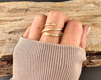 Brass Double Coil Ring • Hand‑Forged Bypass Band • Minimalist Gold‑Tone Jewelry