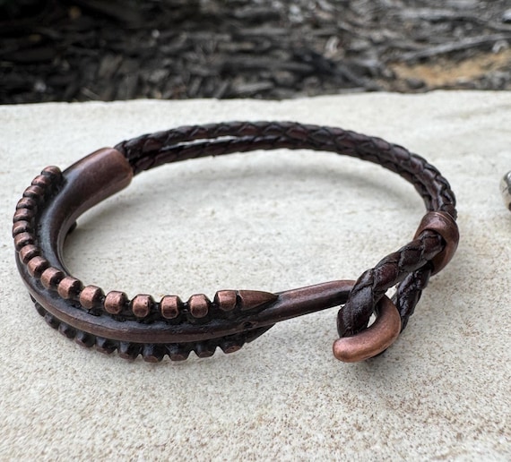 Leather Bracelet with Antique Copper Cuff, Black or Brown Option, Cuff Bracelet, Men's Jewelry, Women's Jewelry, Gift Idea