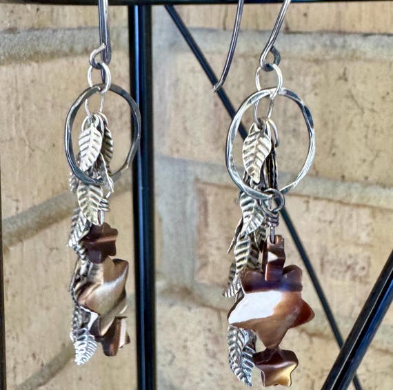 Mother of pearl star gemstone dangle earrings with circle and leaf chain