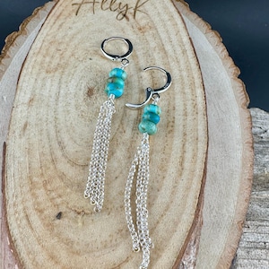Turquoise Sterling Silver Lever back Hook Earrings: Kingman Huggie Hoop Chain Earrings image 1