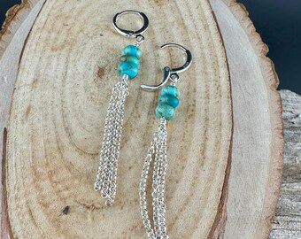 Turquoise Sterling Silver Lever back Hook Earrings: Kingman Huggie Hoop Chain Earrings