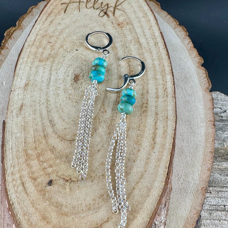 Turquoise Sterling Silver Lever back Hook Earrings: Kingman Huggie Hoop Chain Earrings image 1