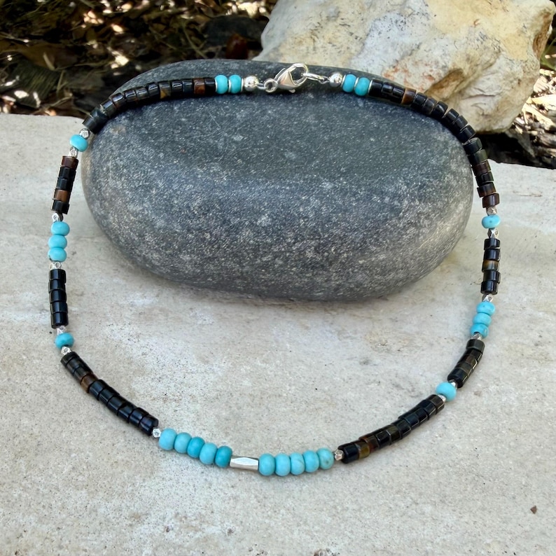 Blue Tiger’s Eye Turquoise Anklet • Sterling Silver Hawk’s Eye Ankle Bracelet image 1
