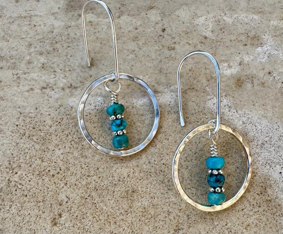 Turquoise Earrings with Sterling Silver Circle, Daisy Spacers, Gemstone Earrings, Turquoise Jewelry, Turquoise Gift