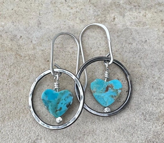 Kingman turquoise heart shaped gemstone earrings with sterling silver oxidized hammered circles
