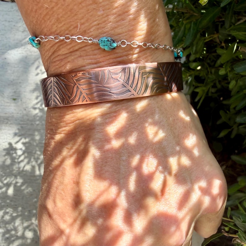 Leaves Embossed Copper Cuff • Rustic Raw Copper Bracelet • Hand‑Forged Southwestern Jewelry image 2